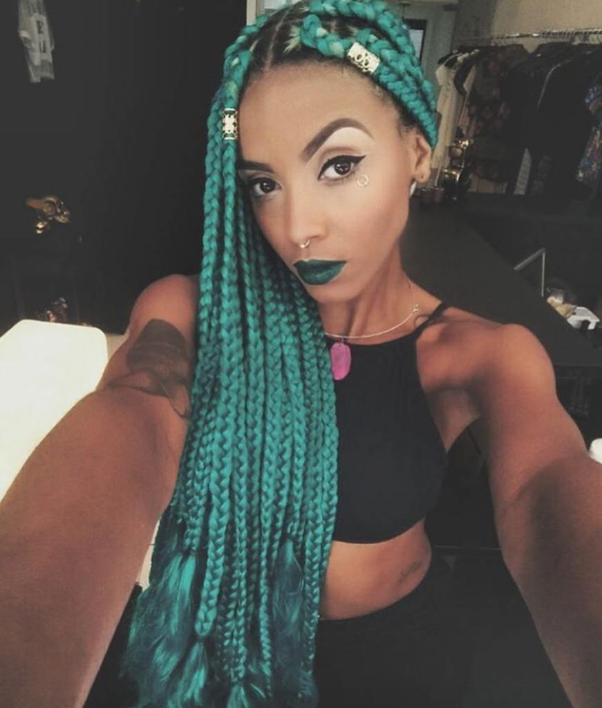 Edgy, dark green box braids