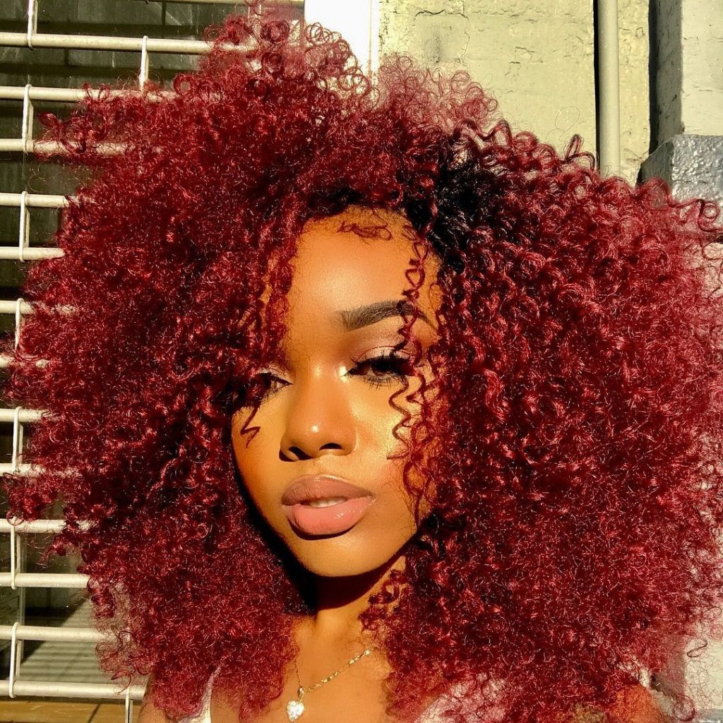 Parted hairstyle in red