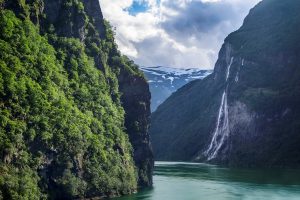 Norway waterfall river mountains trees forest vegetation